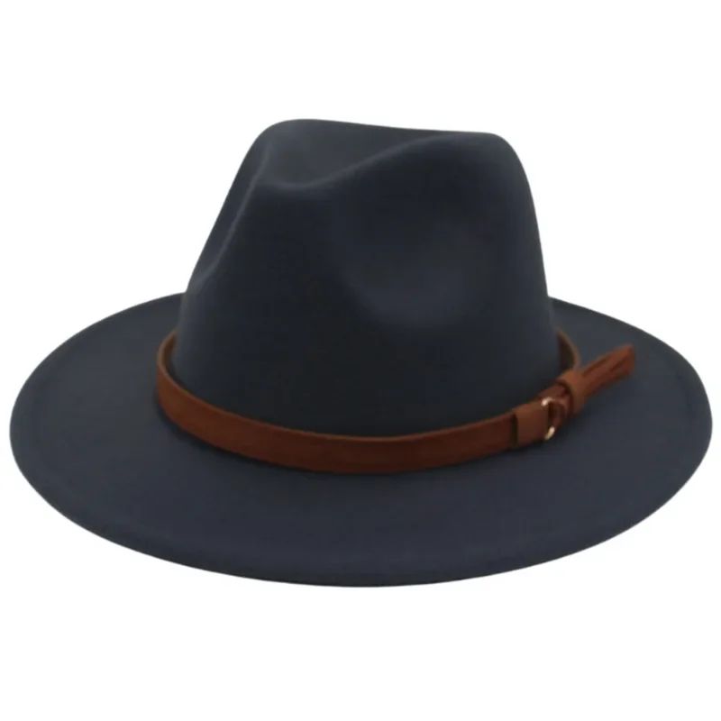 Classic Brown Belt Women Fedora Hats Autumn Winter Gentleman Jazz Felt Hat For Men Retro Church Lady Flat Wide Brim Dress Hat