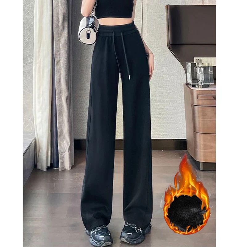 Winter Female Chic High Waist Straight Leg Thermal Pants Women Plush Casual Baggy Trousers Girls Snow Warm Fleece Pants