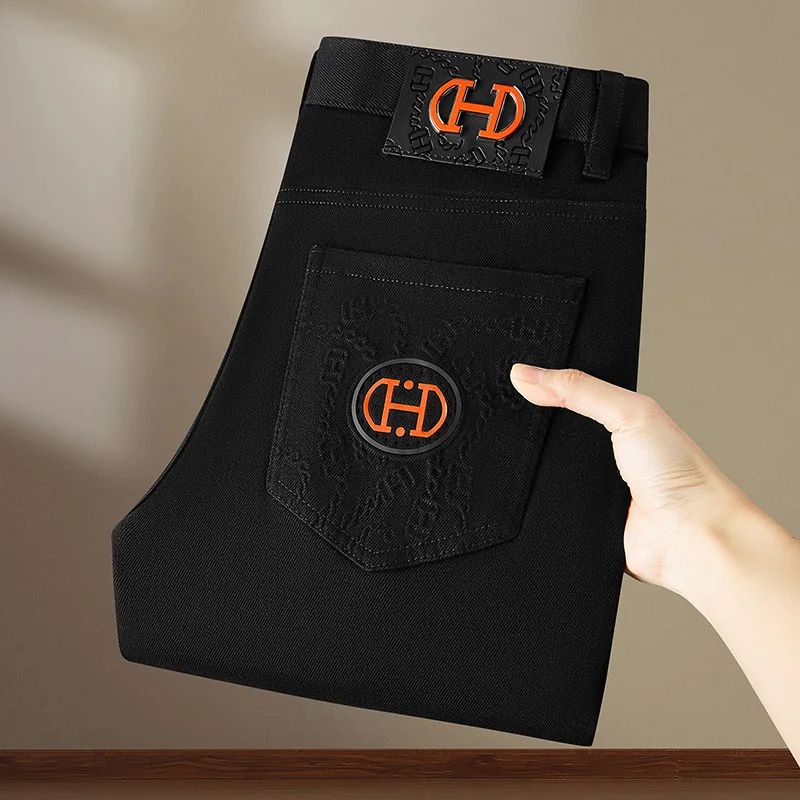 BlackJeans2024 Nova Coleção Outono/Inverno Marca da Moda Casual Slim Fit Elástica Estilo Europeu Calça Comprida Masculina Estampa Fashion