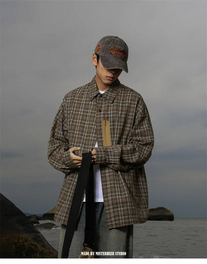 Autumn Y2K Vintage Plaid Shirts For Men Long Sleeve Button Up Blouse Korean Fashion Zip Pocket Cargo Shirt Streetwear Clothes