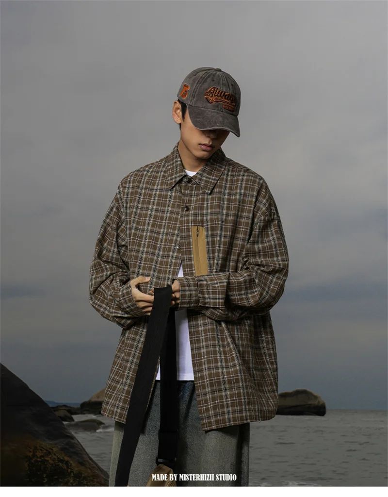 Autumn Y2K Vintage Plaid Shirts For Men Long Sleeve Button Up Blouse Korean Fashion Zip Pocket Cargo Shirt Streetwear Clothes