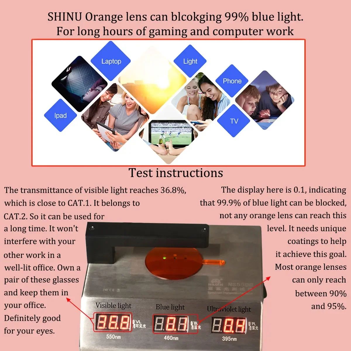 Óculos de Luz Azul SHINU Lentes Vermelhas Óculos Masculinos Melhor Sono Óculos de Lentes Laranja para Jogos Visão Noturna Lentes Amarelas 3 Tamanhos