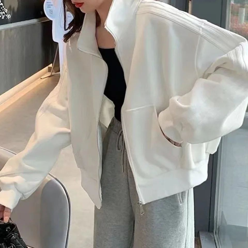 Short Sweatshirt Jacket Women's Autumn Winter Student Versatile Three Stripe Jacket Loose Fit Casual Style New Hot Sale Of The S