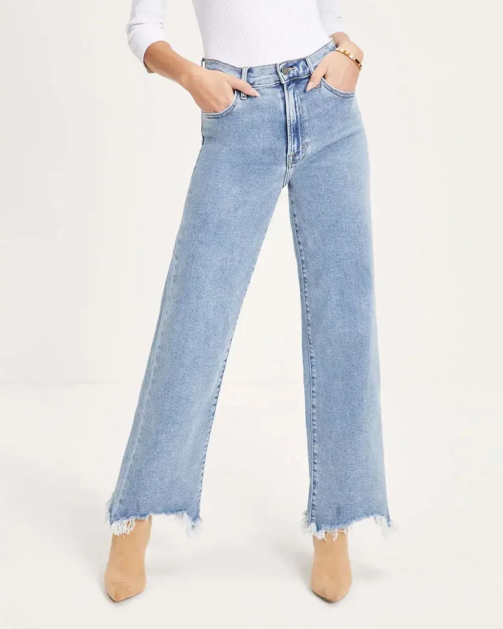 Women Denim Tassel Wide Leg Pants Jeans Washing Loose Fit Mid Waist Pockets Zipper Fly Solid Color Ankle Length Pants Basics