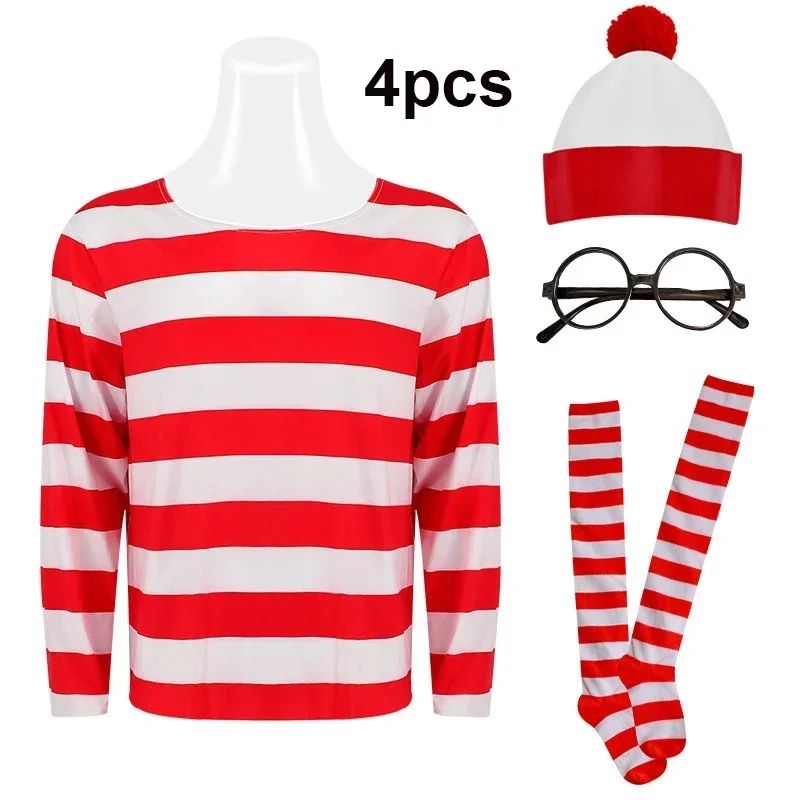 Wheres Waldo Striped Shirt Youth Wally Costume Shirt Glasses and Hat Socks Unisex Adults Carnival Cosplay Costume