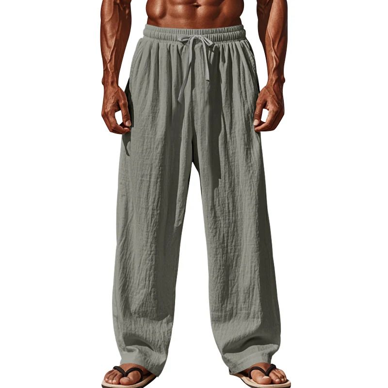 Calça Casual Masculina de Linho com Elástico na Cintura, Calça de Praia Leve com Cordão, Calça de Yoga de Verão Cor Sólida, Calça de Praia