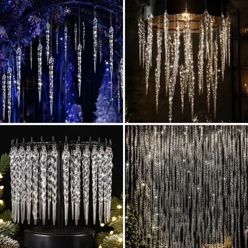60/12PCS Clear Acrylic Icicle Christmas Ornaments Crystal Hanging Pendant Spiral Strip Icicle for Xmas Tree Wedding Party Decor