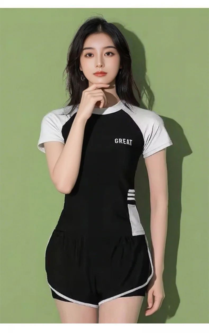 Sporty Two-Piece Swimsuit Short Sleeve plus Size Concealing Conservative Flat Footwear for Hot Springs Swimming Costume