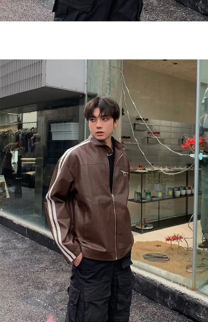 Retro Leather Jacket Men Women  American Patchwork Strip Racing Outerwear Loose Hip Hop Zippers Brown PU Coat Streetwear Spring