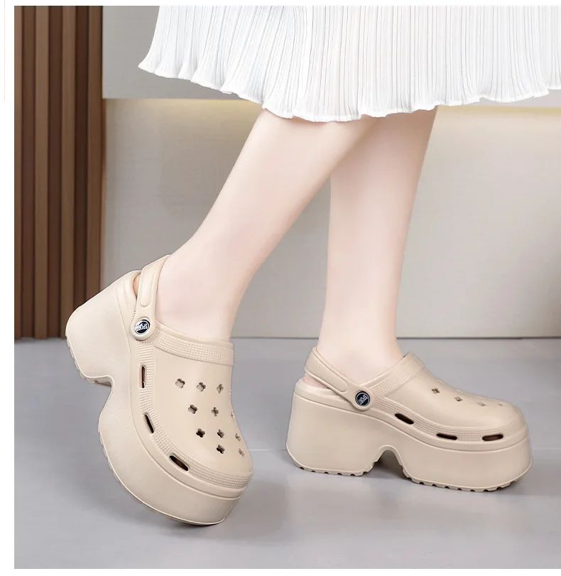 9CM Thick Women's Sandals Shoes Summer Slippers High Heel Soft Sole Beach Garden Shoes Outdoor Waterproof Women's Hole Shoes
