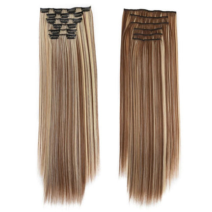 16 Presilhas em Apliques de Cabelo 60cm de Comprimento Liso Penteado Sintético Loiro Preto Perucas Resistente ao Calor Cabelo Falso 6Pçs/Conjunto