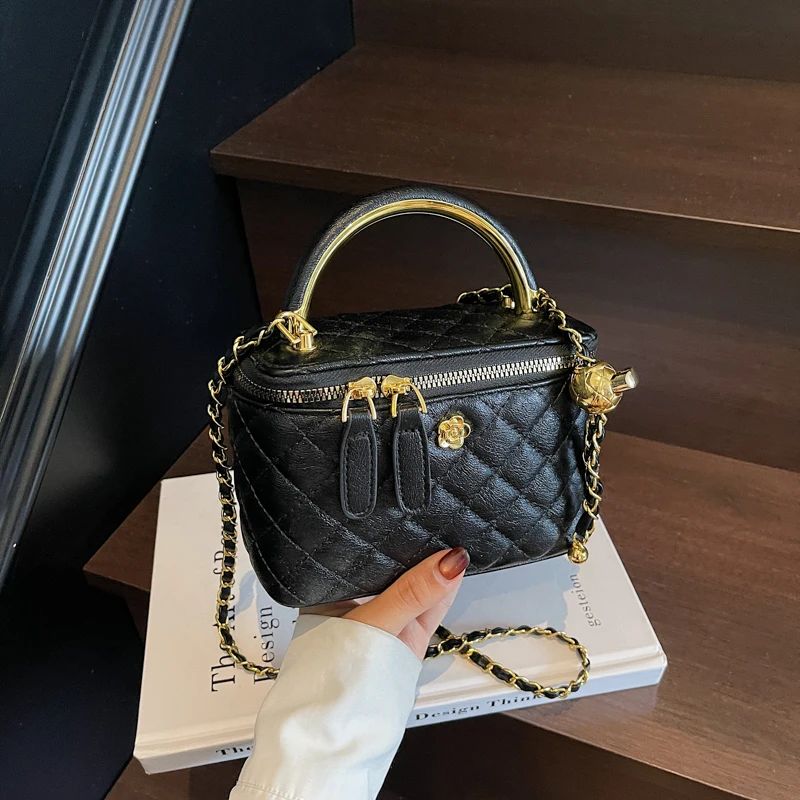 Women Luxury Shoulder Bag Diamond Quilted Metal Flower Accent Large Capacity Zipper Adjustable Strap for Daily Travel Business