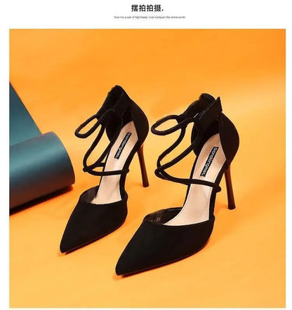 2024 New Cross-strap Roman Sandals Suede High Heels Women's Shoes One-line Buckle Fine Heel Pointed Sandals Zapatos De Mujer