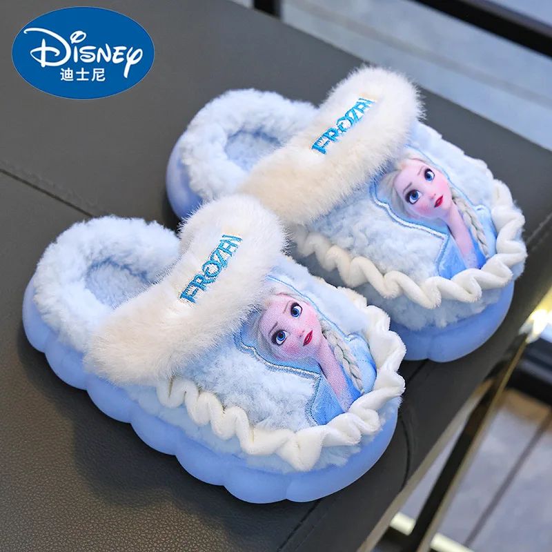 Chinelo de Algodão Infantil Inverno Princesa Disney Elsa Frozen Menina Antiderrapante Quente Para Bebê Rosa Azul Tamanho 26-35