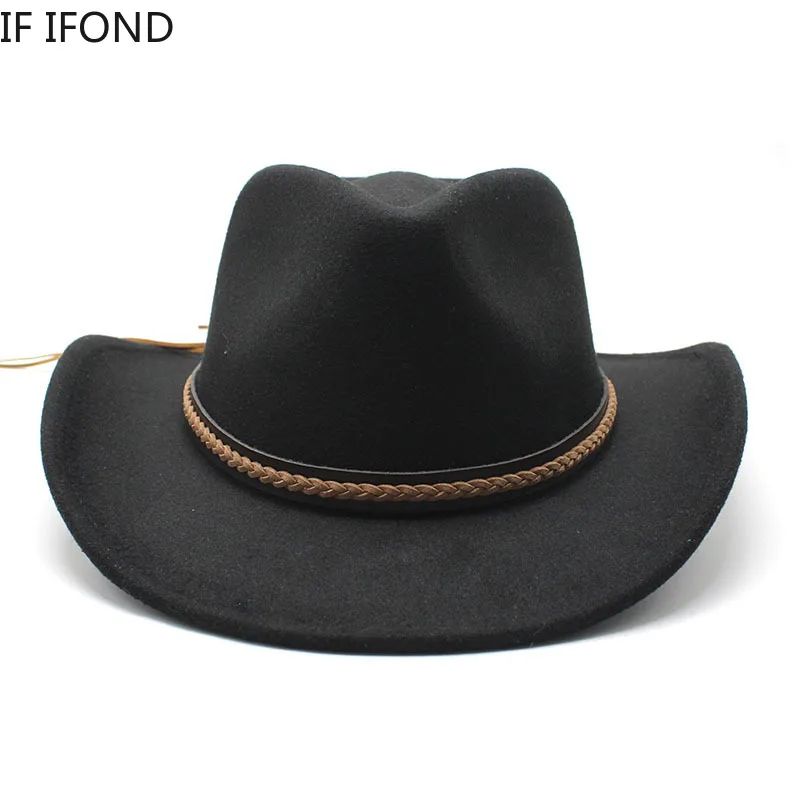 Winter Roll Up Brim Western Cowboy Hat With Leather Retro Gentleman Lady Jazz Cowgirl Cap Church Sombrero Caps