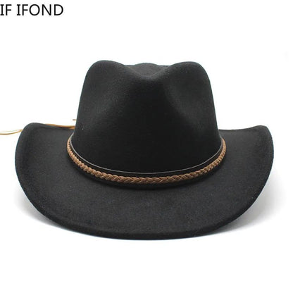 Winter Roll Up Brim Western Cowboy Hat With Leather Retro Gentleman Lady Jazz Cowgirl Cap Church Sombrero Caps