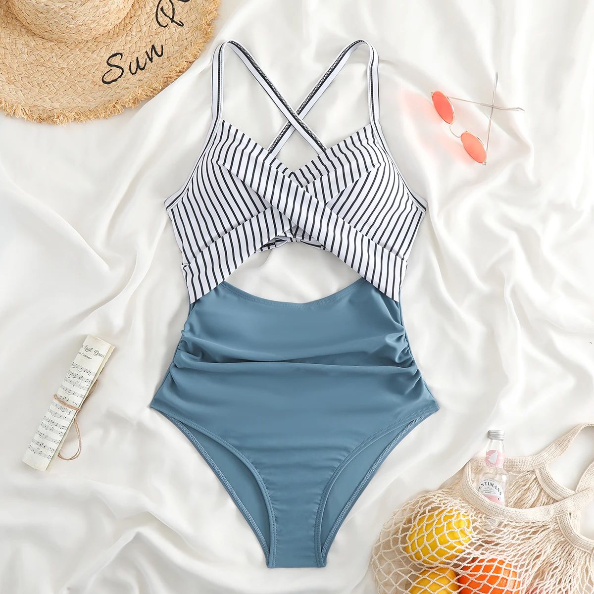 Sexy Hollow Cross Sling Swimwear Color Matching Backless Swimsuit One Piece Bikini Fashion Bathing Suits Swimming Suit For Women