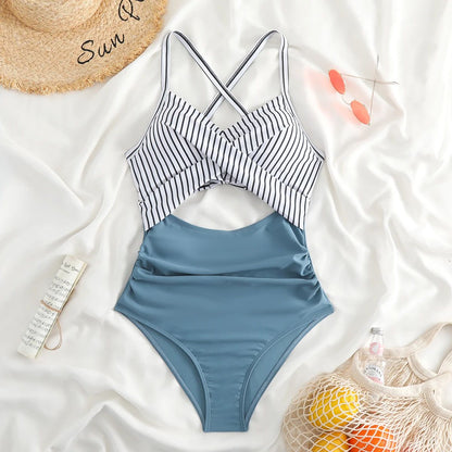 Sexy Hollow Cross Sling Swimwear Color Matching Backless Swimsuit One Piece Bikini Fashion Bathing Suits Swimming Suit For Women
