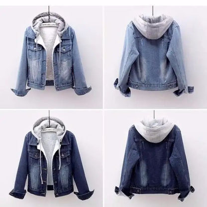 Women Denim Coat Hooded Single Breasted Button Jackets Hooded Patchwork Outerwear Cardigan Solid Pockets Streetwear Warm