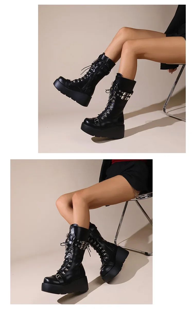 Platform Boots Riveted Buckle Wedges High Women's Boots Punk Spice Chic Biker Rider Boots