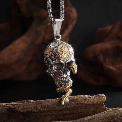 Colar de Pingente de Caveira Demoníaca Enrolada de Cobra Gótica Vintage para Homens Meninos Festa de Rock Halloween Joia de Presente