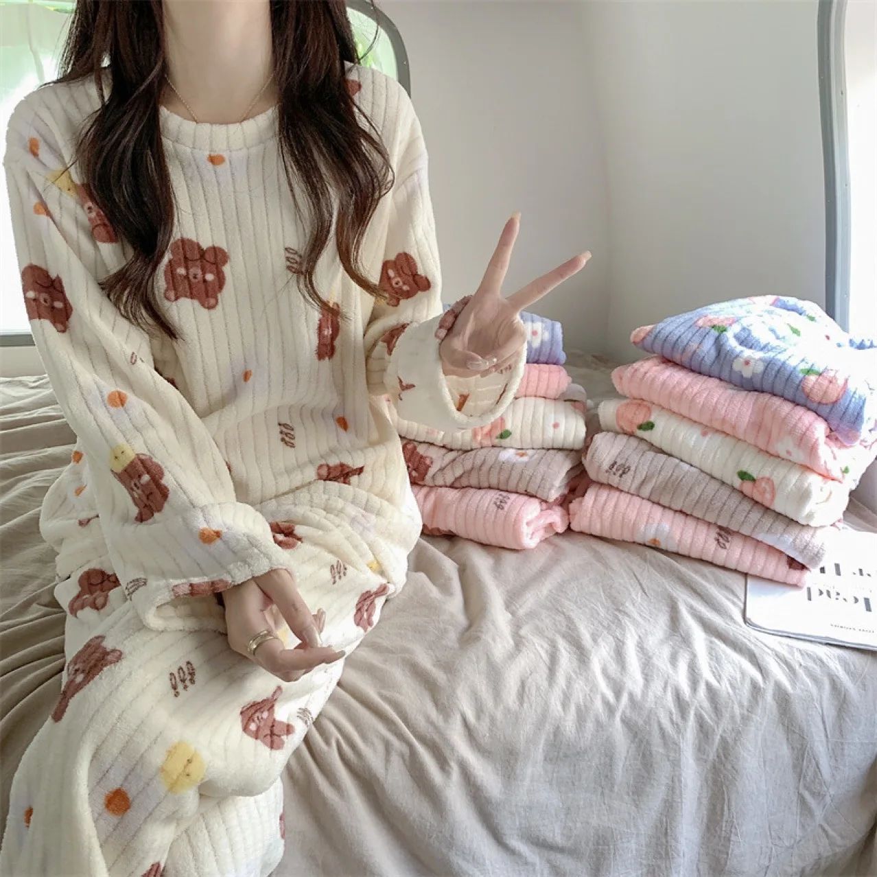Autumn and Winter Coral Fleece Pajamas Set for Women Warm Lined  Loungewear Cozy Home Sleepwear Christmas Gift