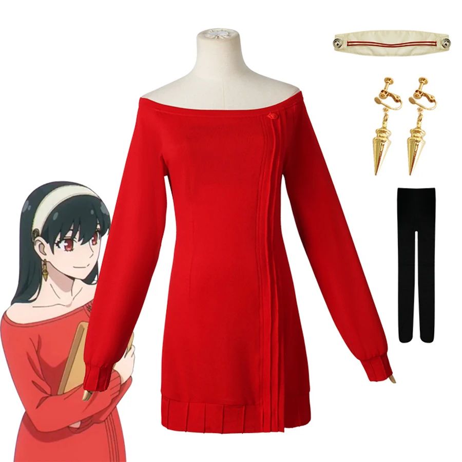 Anime spy x family Yor Forger Cosplay Costumes Red Sweater Dress Suit Casual Wear Black Braid Wig Halloween Costume For Women