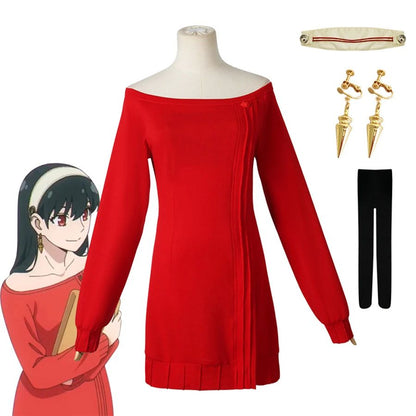 Anime spy x family Yor Forger Cosplay Costumes Red Sweater Dress Suit Casual Wear Black Braid Wig Halloween Costume For Women