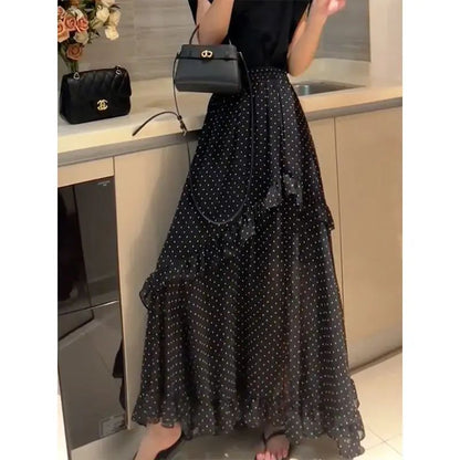 Plus Size Black Polka Dot Print Asymmetrical Hem Loose Women's Skirt Summer New Fashion Design Sense Midi Skirt Large Size Ha...