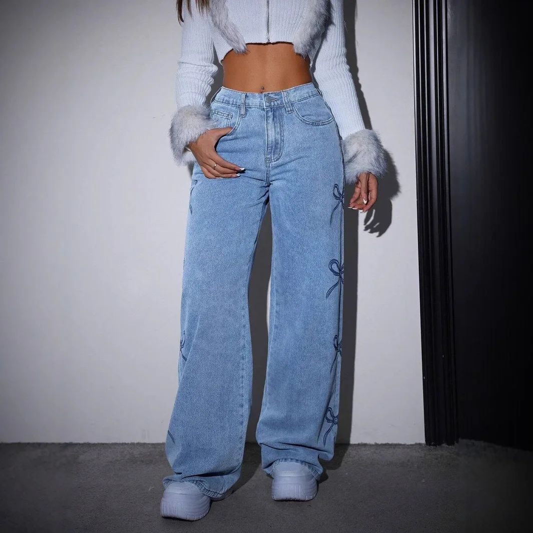Denim Pants Women Bow Print Jeans High Waist Washed Distressed Straight Trousers Vintage Floor Length Streetwear Wide Leg Pants