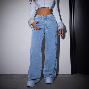 Denim Pants Women Bow Print Jeans High Waist Washed Distressed Straight Trousers Vintage Floor Length Streetwear Wide Leg Pants