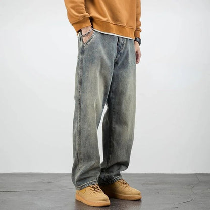Calça Jeans Masculina Retrô Cargo Reta Cowboy Punk Lavada Grife Luxuosa Tendência 2025 Y2k Vintage Estilo Coreano Larga