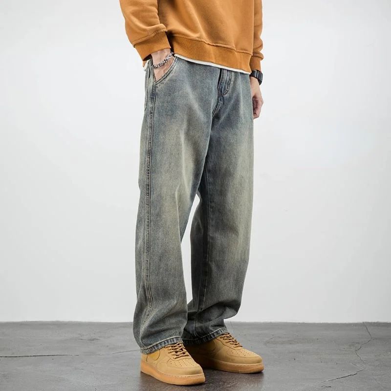 Calça Jeans Masculina Retrô Cargo Reta Cowboy Punk Lavada Grife Luxuosa Tendência 2025 Y2k Vintage Estilo Coreano Larga