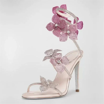 Sandália Feminina Sexy Eilyken com Flores de CRISTAL Salto Fino Alto Tiras Finas no Tornozelo Estilo de Rua Sapatos de Pole Dance