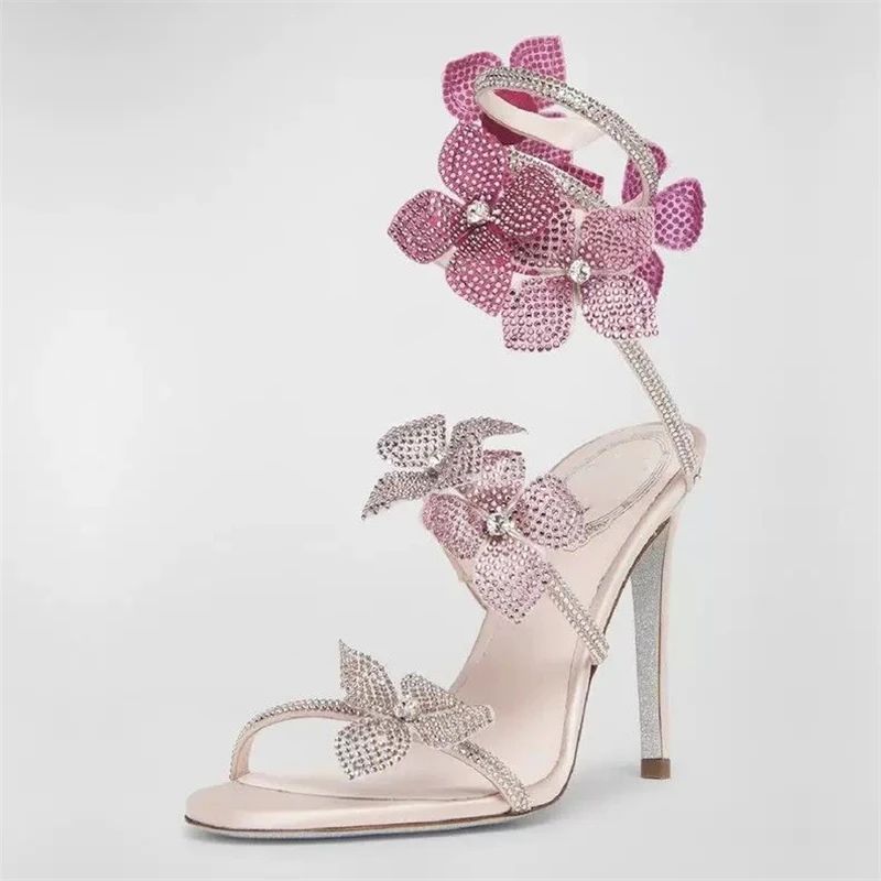 Sandália Feminina Sexy Eilyken com Flores de CRISTAL Salto Fino Alto Tiras Finas no Tornozelo Estilo de Rua Sapatos de Pole Dance