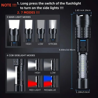 Rechargeable LED Flashlights Zoomable Torch with 18650 Battery 7Modes Waterproof High Power Hand LightFor Outdoor Camping Hiking