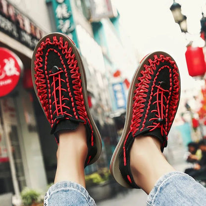 Summer Men Sandals Women Slippers Weaving Design Beach Sandals Breathable Casual Flat Sandals Outdoor Couples Sandals Size 48