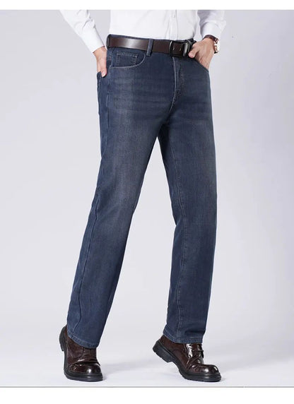Men's Fleece Straight Leg Jeans Winter Thick Warm Business Casual Velvet Pants Elastic Loose Trousers Outdoorwear