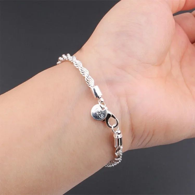 Braceletes de Corrente Torcida de Prata Esterlina 925 4MM para Mulheres e Homens, Joias Masculinas de Prata Minimalistas da Moda, Presentes para Casais