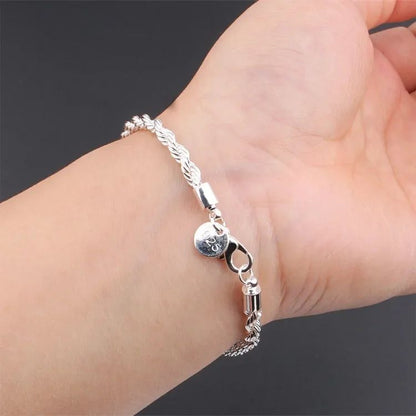 Braceletes de Corrente Torcida de Prata Esterlina 925 4MM para Mulheres e Homens, Joias Masculinas de Prata Minimalistas da Moda, Presentes para Casais