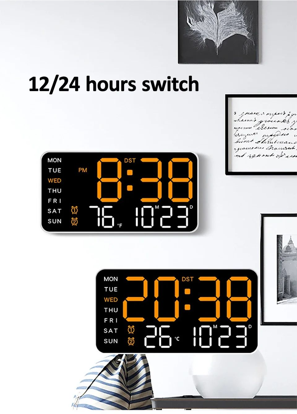 Extra Large Digital Wall Clock with LED Display with Date, Temperature, Timer for Living Room, Bedroom, Gift for Seniors