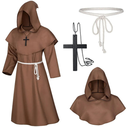Retro Priest Robe Halloween Cosplay Costume Wizard Fancy Punk Cloak Mask Medieval Monk Robe Hooded Monk Cowl