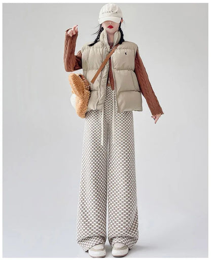 High Waist Wide Leg Pants Women's Autumn Winter New Style Lazy Casual Fleece Woolen Plaid Trousers Fashionable Comfortable