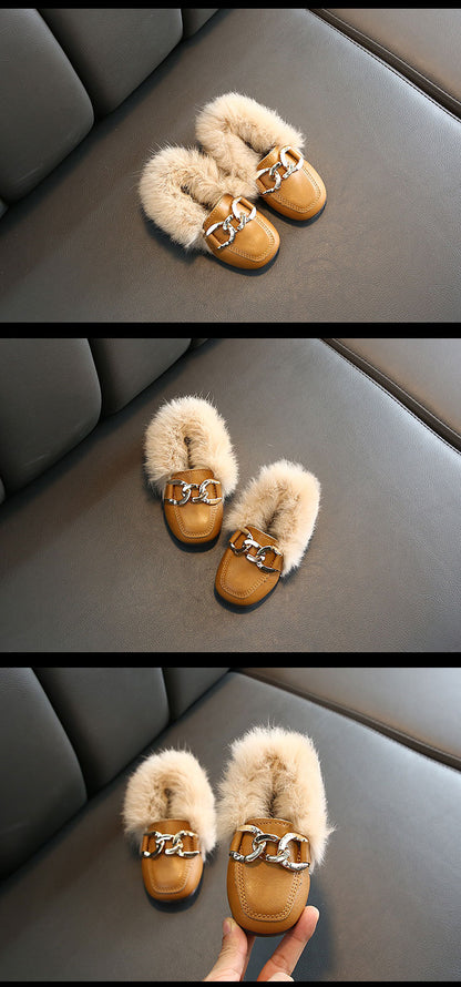 Kids Fur Shoes Children Velvet Shoes Baby Girls Warm Flats Toddler Black Brand Shoes Princess Loafer Chain Moccasin For Winter
