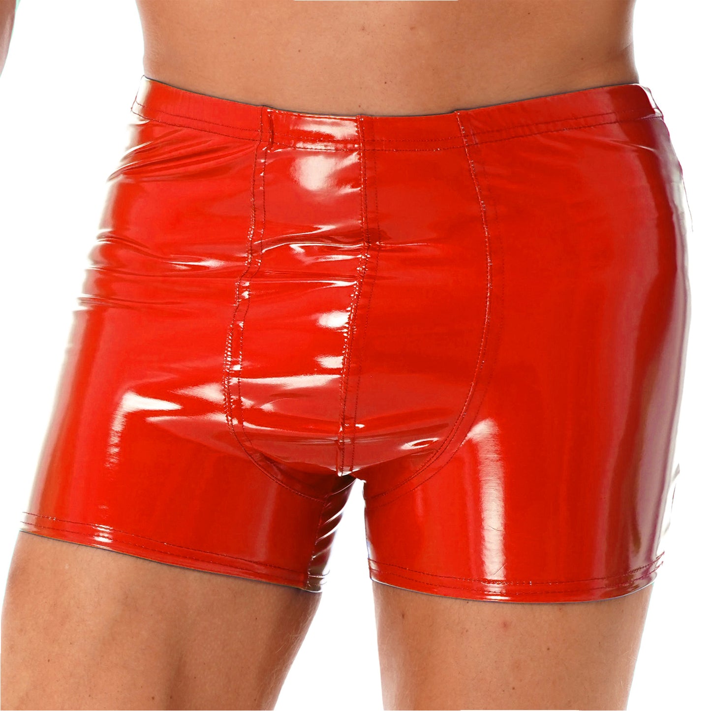 Mens Patent Leather Shorts Dance Performance Clubwear Wet Look Pants Elastic Waistband ShortsBulge Pouch Boxer Briefs Shorts