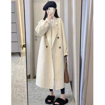 2024 New Winter Lady Lazy Style Baggy Mid-Long Thermal Woolen Coat Female Korean Version Concise Designer Versatile Coat Jackets