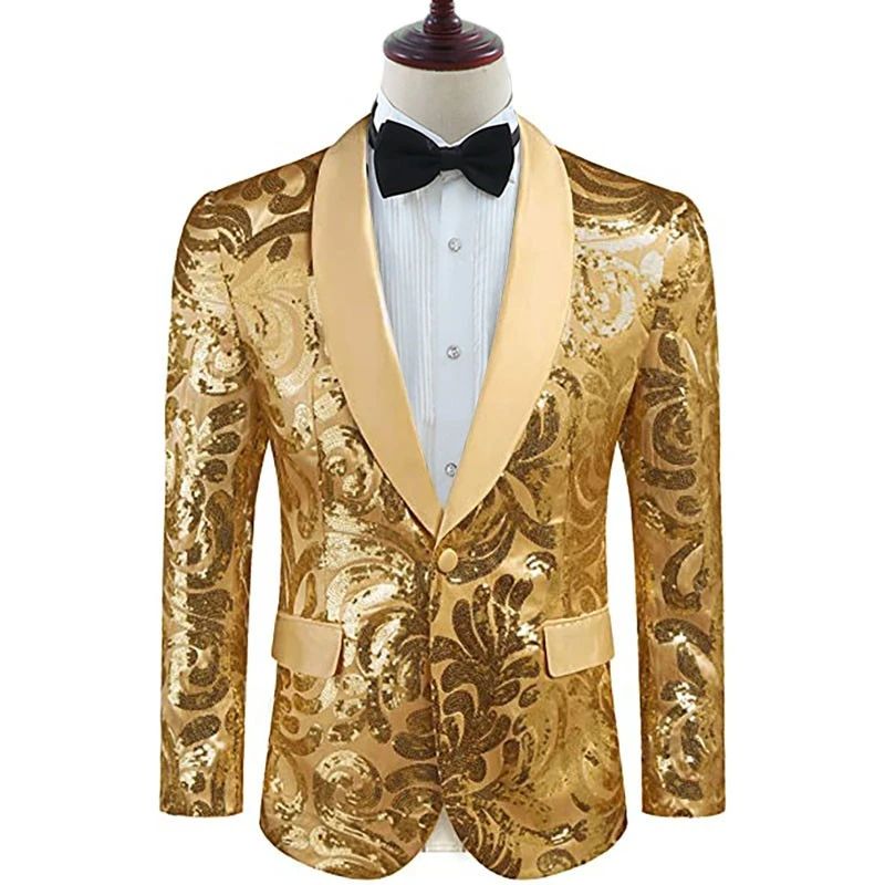 2025 Men's Shiny Gold Sequins Blazer Stylsih Shawl Collar One Button Tuxedo Floral Suit Jacket Party Wedding Groom Costume Homme