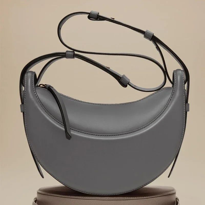 French fashion genuine leather women's shoulder bag, crescent bag, niche design zipper closure shoulder crossbody bag