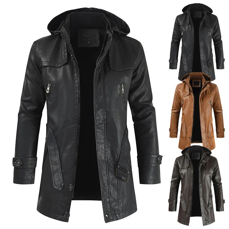 Coat Windproof Clothes Men's Hooded Long Leather coat Men's Leather Motorcycle Leather fashion Winter Korean Fashion Jacket