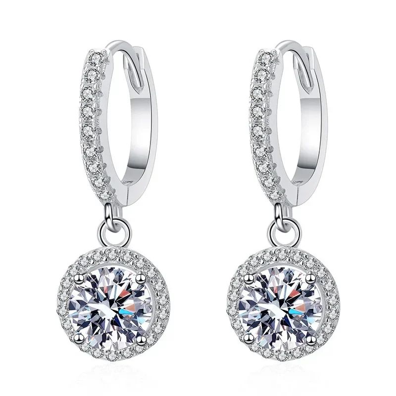 Brincos Femininos Redondos de Moissanite de 1 Quilate em Prata de Lei 925, Estilo Luxo Noturno